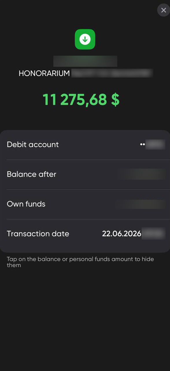 Выплата гонорара 11 275,68 $