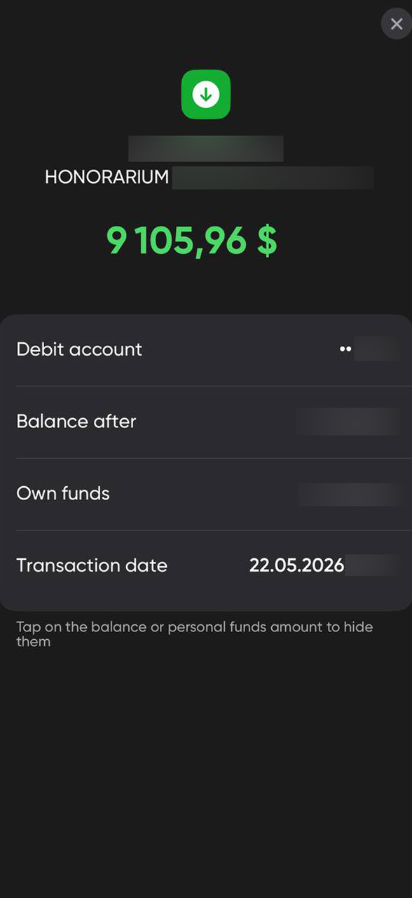 Выплата гонорара 9 105,96 $