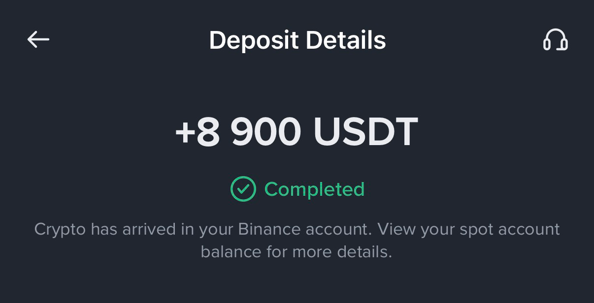 Депозит +8 900 USDT, статус Completed